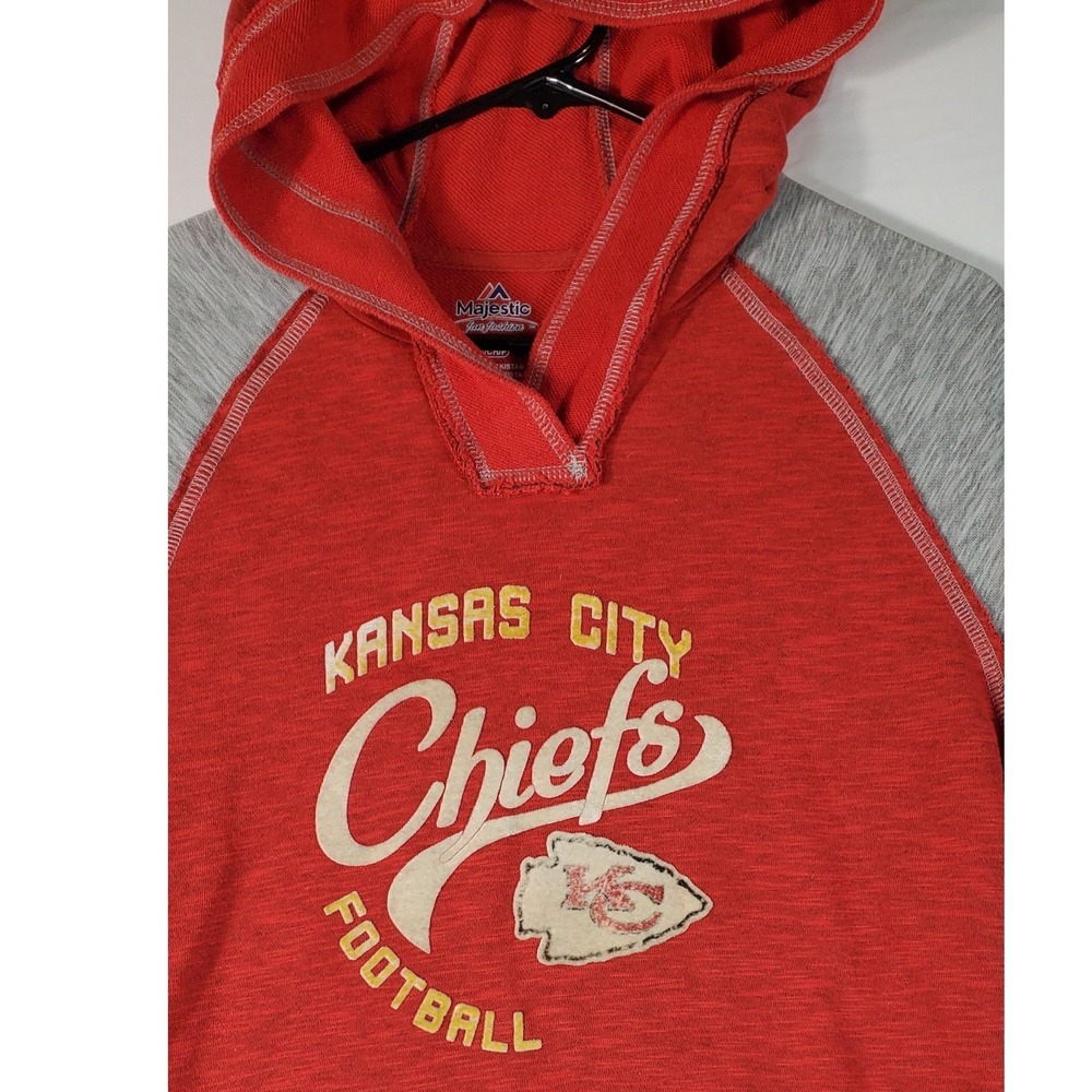 Majestic Kansas City Chiefs Football Hoodie Women's Size S Red Gray Raglan - Picture 2 of 10